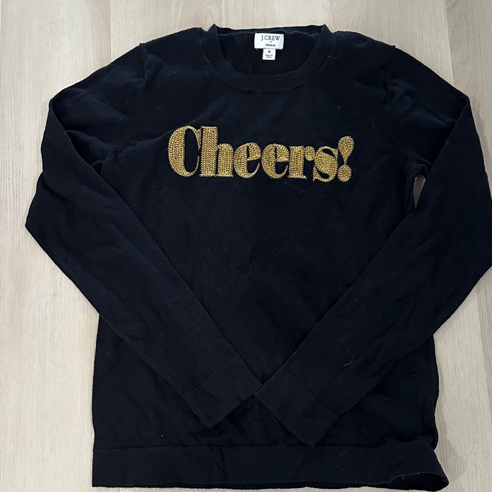 J. Crew Black Crewneck Sweater with Gold Cheers Design